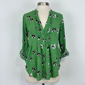 Maeve Anthropologie Womens French Bulldog Whimsical Twee Novelty Print Top Sz 8